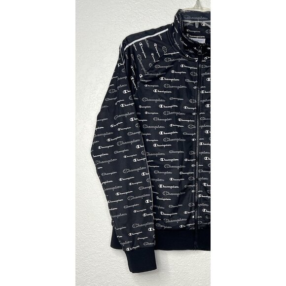 Champion Full Zip Track Jacket Sz L With Pockets Black All Over Print Arm Stripe - Picture 3 of 10